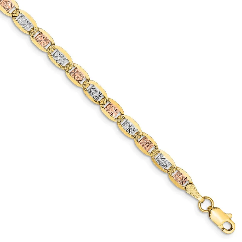 3.75mm 14k Gold Tri-Color Solid Fancy Pave Anchor Chain Bracelet