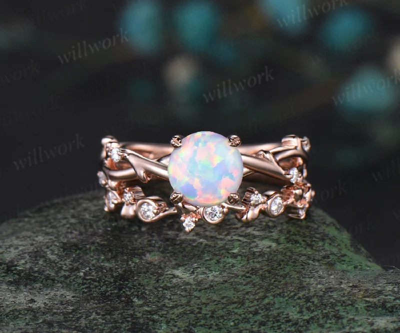 Round white opal ring vintage leaf nature inspired four prong opal engagement ring art deco twisted branch wedding band ring set for women