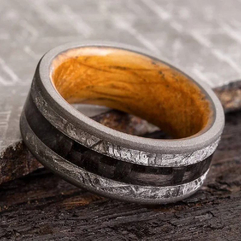 Meteorite Wedding Band with Carbon Fiber and Whiskey Oak