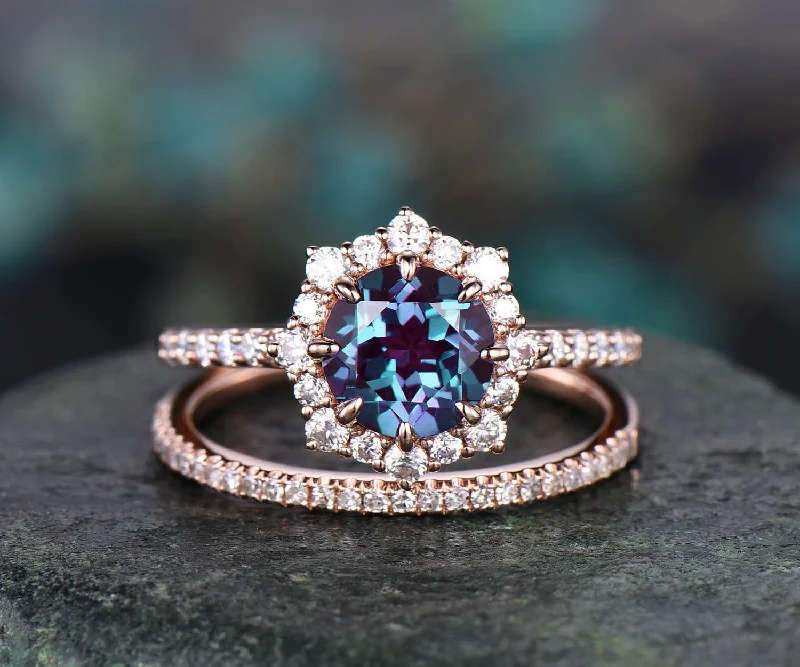 Round alexandrite engagement ring set rose gold moissanite halo unique vintage engagement ring diamond anniversary wedding ring set gifts