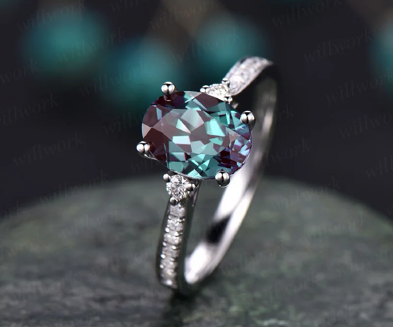 Antique vintage unique Three stone engagement ring oval Alexandrite engagement ring 14k white gold June birthstone moissanite ring jewelry