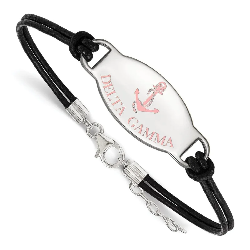 Sterling Silver Delta Gamma Enamel Blk Leather Bracelet - 7 in.