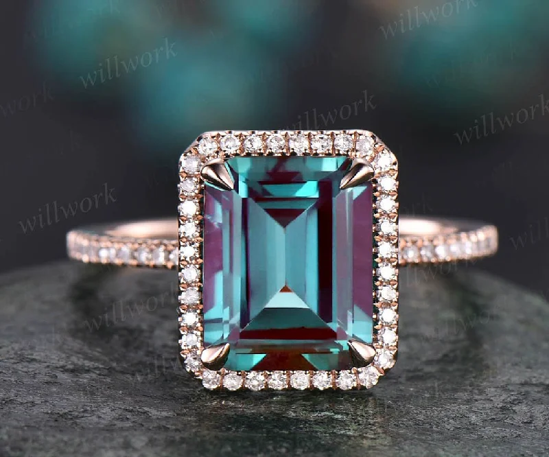 8x10mm emerald cut Alexandrite engagement ring diamond ring for women solid 14k rose gold ring June birthstone ring Alexandrite jewelry gift