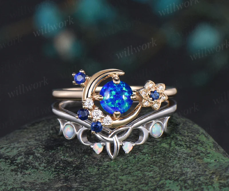 Round blue opal ring gold cluster moon Celtic knot engagement ring set sapphire opal wedding bridal set women