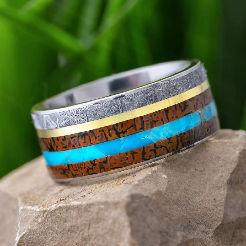 Dinosaur Bone, Meteorite & Turquoise Ring With Gold Pinstripe