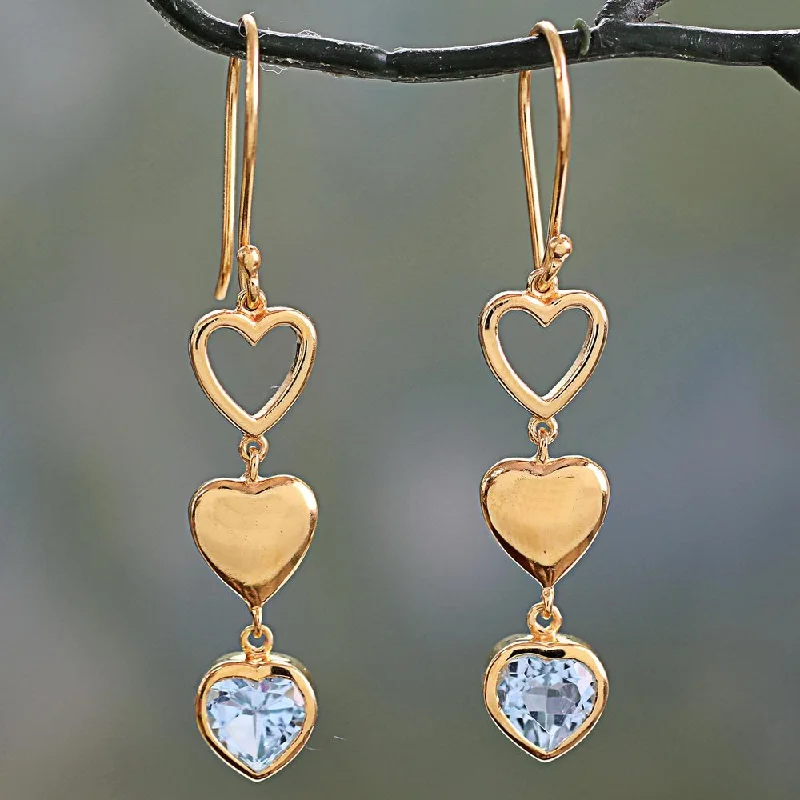 Handcrafted Gold Overlay 'Three Hearts in Harmony' Blue Topaz Earrings (India) - 2.2L*0.4W