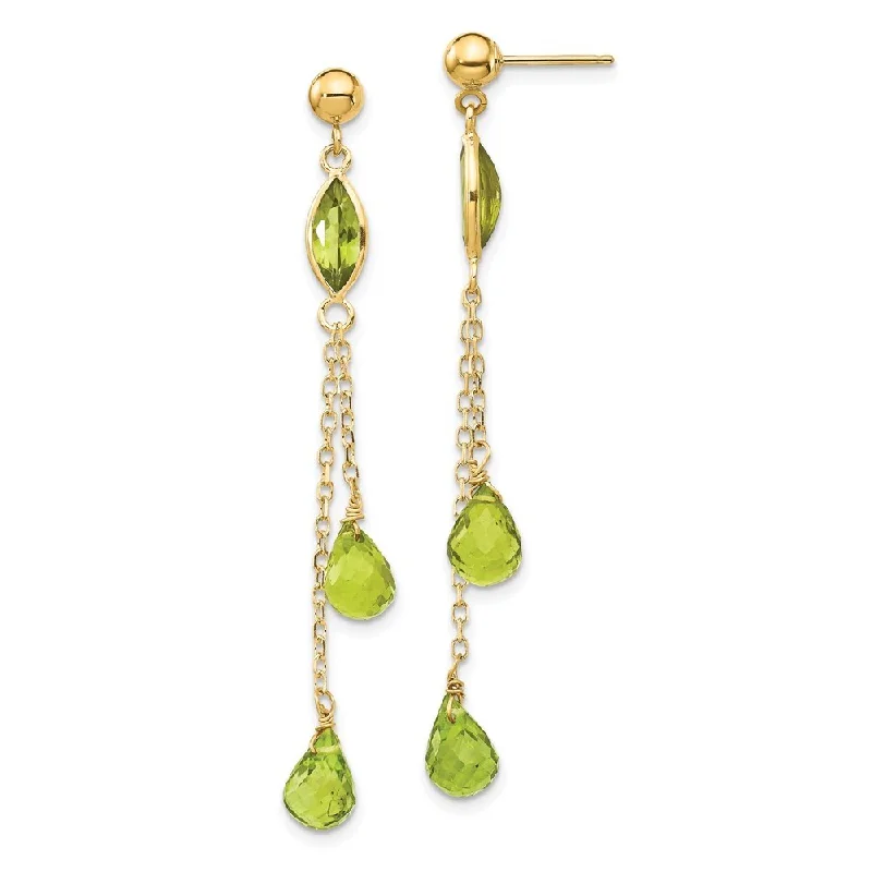 14k Yellow Gold Peridot Drop Dangle Earrings (L-52 mm, W-6 mm)