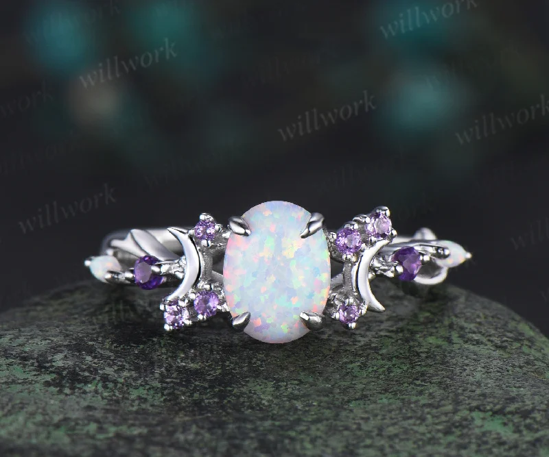 Oval Opal Engagement Ring Vintage Opal Moon Engagement Ring Branch Cluster Amethyst Wedding Ring Promise Gift For Women