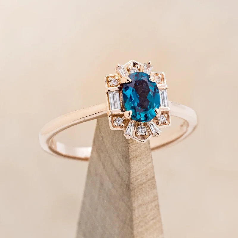 "CLEOPATRA" - OVAL LAB-GROWN ALEXANDRITE ENGAGEMENT RING WITH DIAMOND ACCENTS