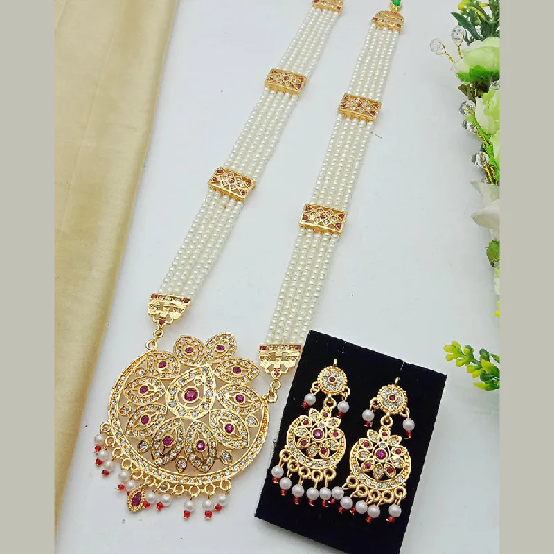 SP Jewellery Gold Plated Austrian Stone And Pearls Long Necklace Set