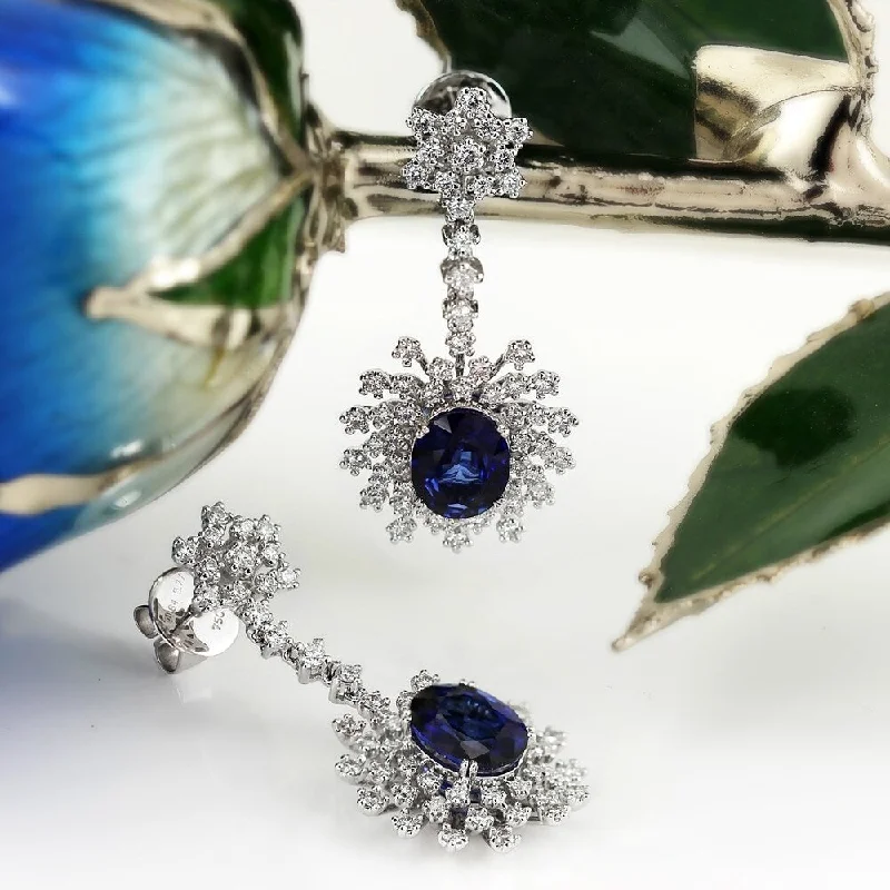 Auriya Fancy 5 3/4ct Royal Blue Sapphire Oval and 1 7/8ctw Dangling Halo Diamond Earrings 18K Gold