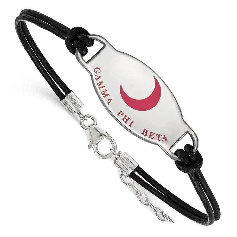 Sterling Silver Gamma Phi Beta Enamel Black Leather Bracelet - 7 in.