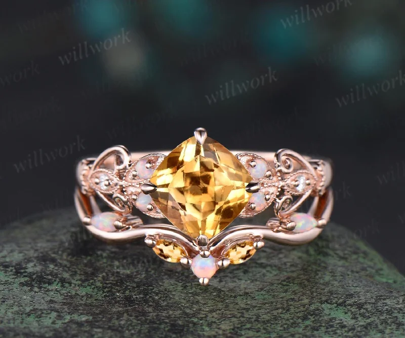 Vintage cushion cut yellow citrine engagement ring set rose gold butterfly Milgrain opal ring women stacking anniversary ring set gift