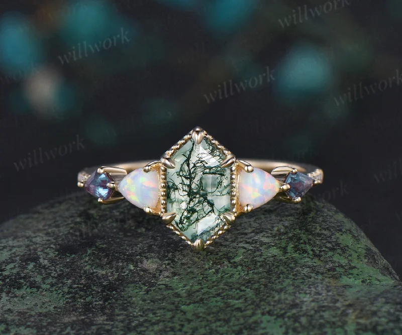 Vintage long Hexagon moss agate engagement ring yellow gold Trillion opal kite alexandrite ring wedding anniversary ring women