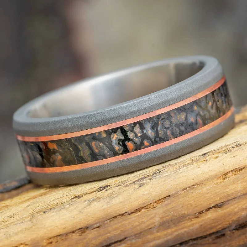 Dinosaur Bone Men's Wedding Band With Copper Pinstripes