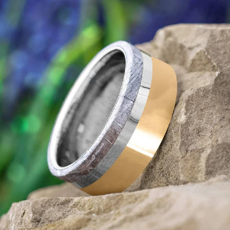 Mixed Metal Wedding Band With Tungsten, Solid Gold & Meteorite