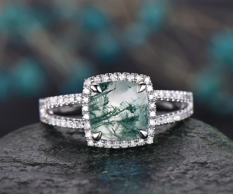 Moss agate ring vintage green moss agate engagement ring white gold unique cushion cut engagement ring halo split shank diamond ring women