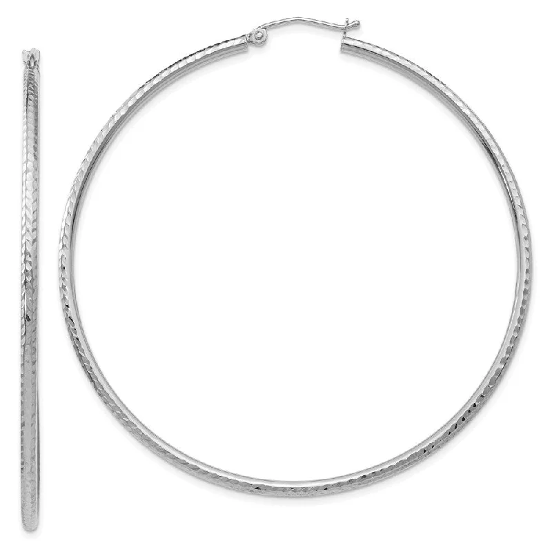 14k White Gold Diamond-cut 2mm Round Tube Hoop Earrings (L-60 mm, W-2 mm)