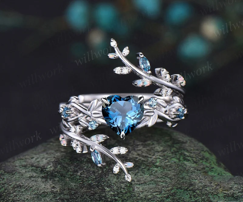 Vintage heart shaped London blue topaz engagement ring white gold nature inspired leaf opal wedding band enhancer bridal ring set women