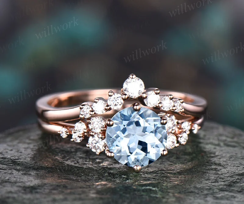 Unique vintage aquamarine engagement ring set cluster dainty moissanite ring rose gold Sterling Silver ring for women March birthstone ring