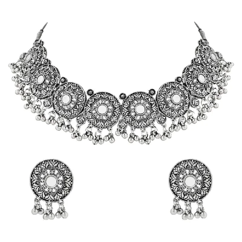 Etnico Ethnic Silver Oxidized Traditional Afghani Choker Necklace Jewellery Set for Women (MC140OX)