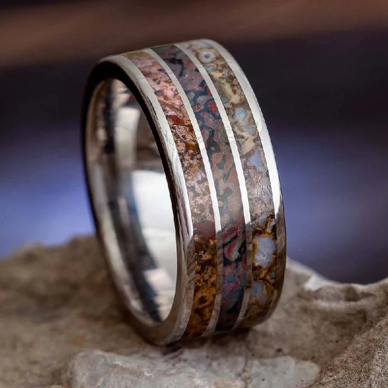 Three Inlay Men's Wedding Band With Dinosaur Bone