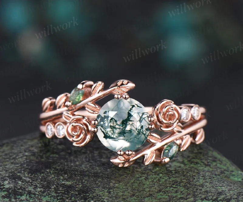 Round cut moss agate engagement ring 14k rose gold leaf floral bezel diamond ring vintage split shank 8 prong wedding ring women