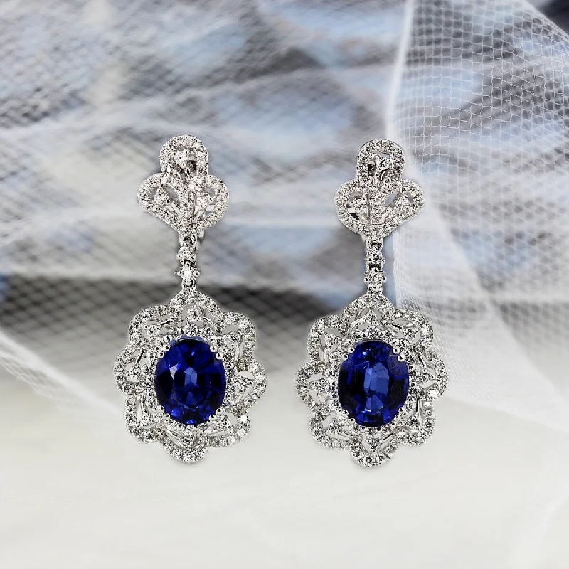 Auriya Fancy 8 1/5ct Royal Blue Sapphire Oval and 2ctw Halo Diamond Earrings 18K Gold