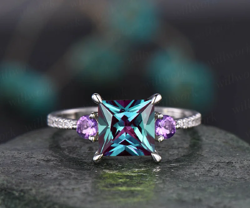 Princess cut engagement ring three stone amethyst ring Alexandrite engagement ring white gold June birthstone ring real diamond ring jewelry