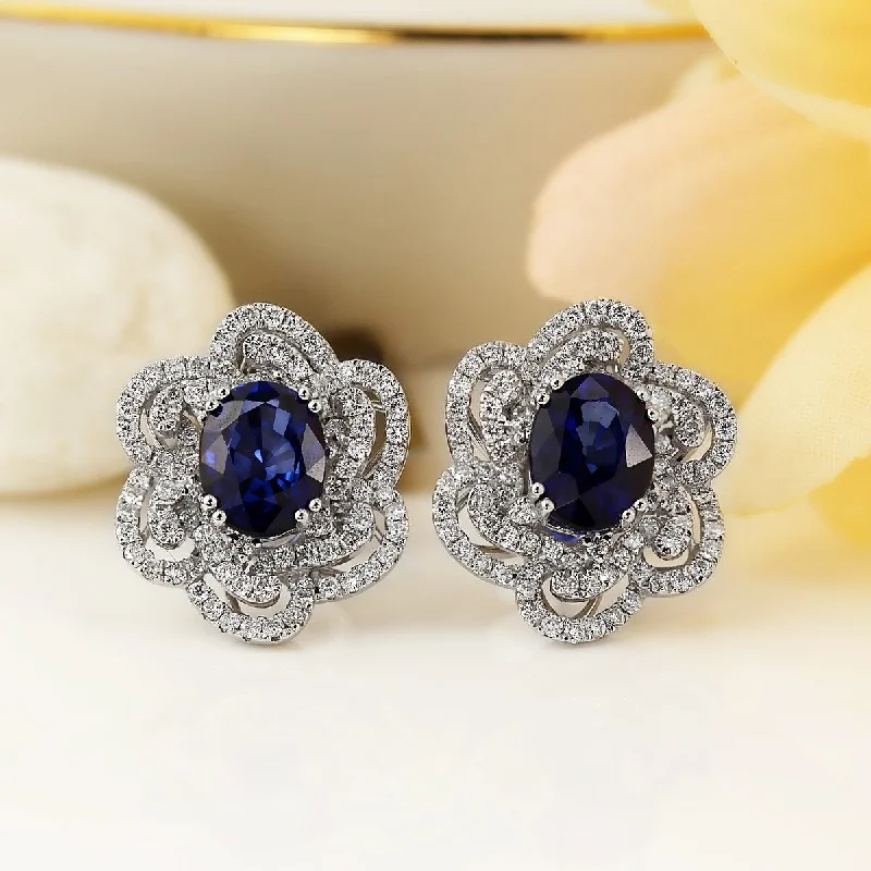 Auriya Fancy 3 5/8ct Royal Blue Sapphire Oval and 9/10ctw Halo Diamond Stud Earrings 18K Gold