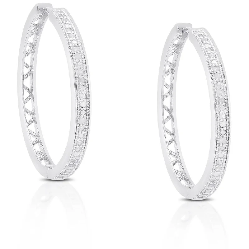 Finesque Sterling Silver or Gold Over Silver Diamond Accent Hoop Earrings