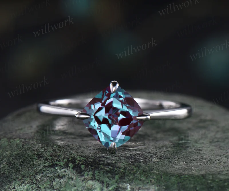 Unique 7mm cushion alexandrite engagement ring color changing gem June birthstone ring solitaire anniversary ring personalized gifts for women