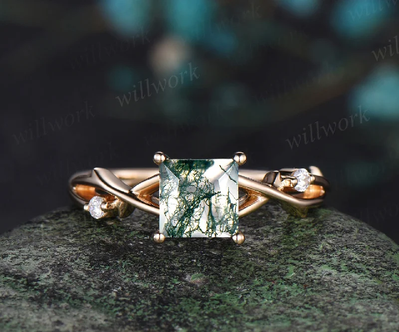 Princess cut moss agate ring yellow gold diamond twig branch three stone vintage engagement ring infinity anniversary ring women gift