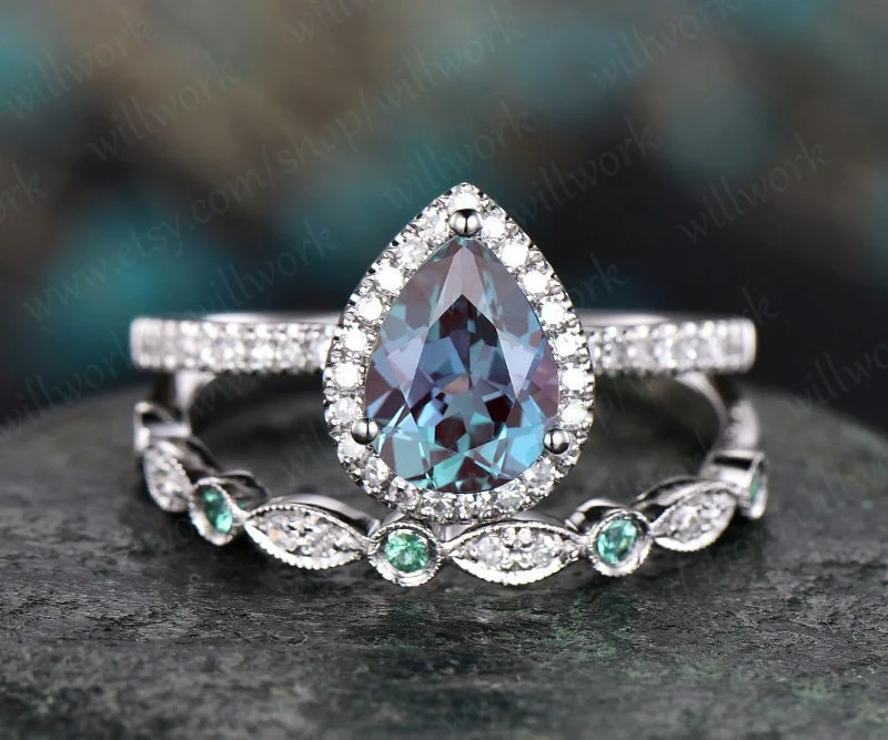 Diamond halo ring Alexandrite engagement ring set white gold natural emerald wedding bridal ring set marquise stacking matching promise ring