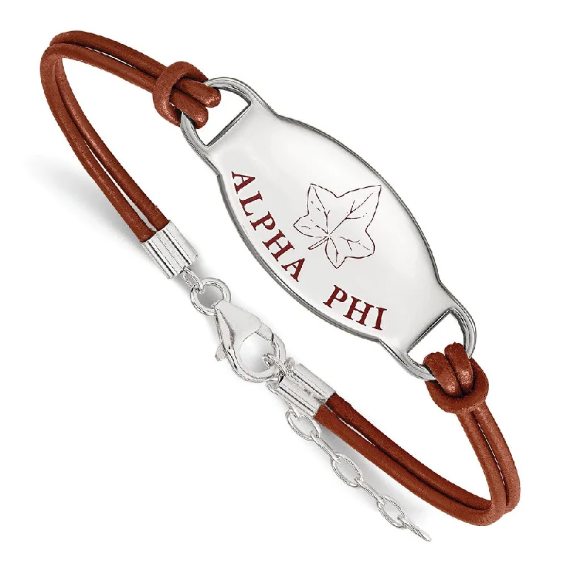 Sterling Silver Alpha Phi Enamel Brown Leather Bracelet - 7 in.