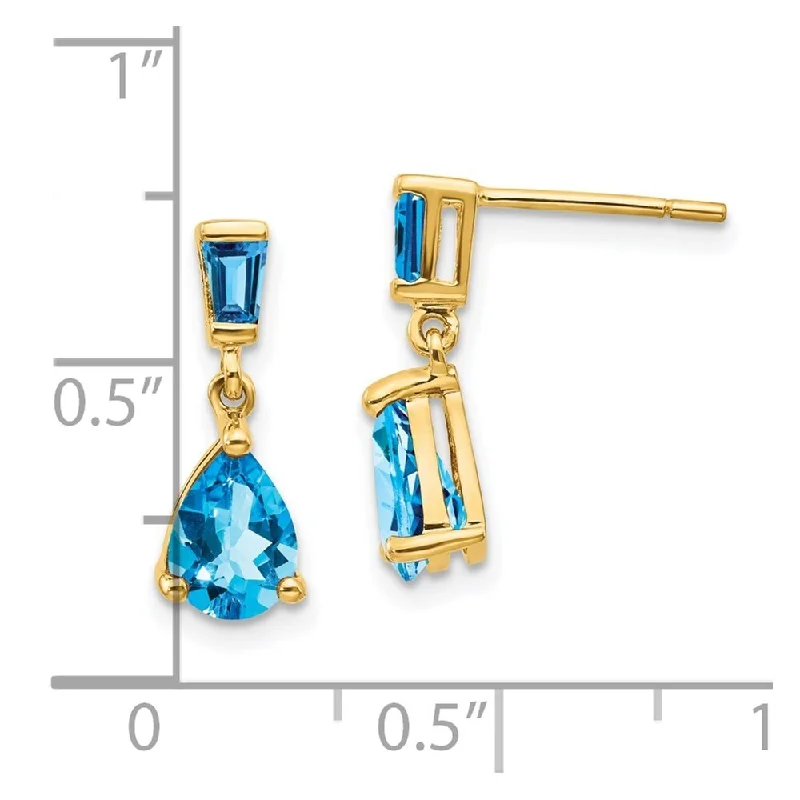 14k Yellow Gold Blue Gemstone Dangle Earrings (L-15 mm, W-5 mm)