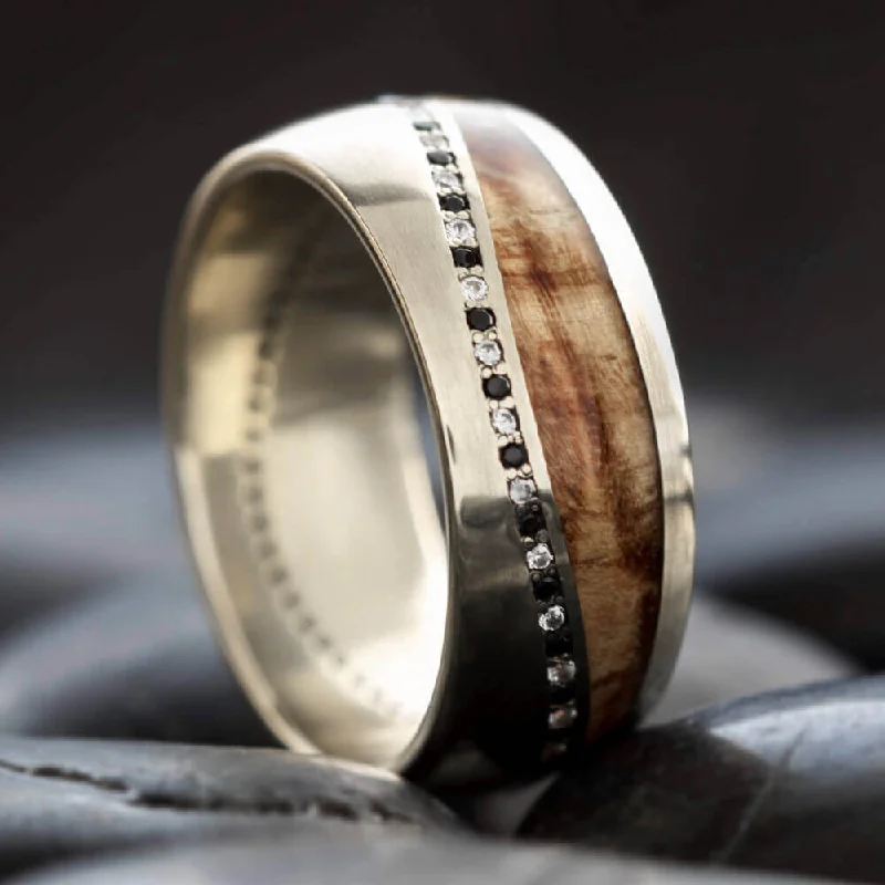 Black and White Diamond Wedding Band with Burl Wood