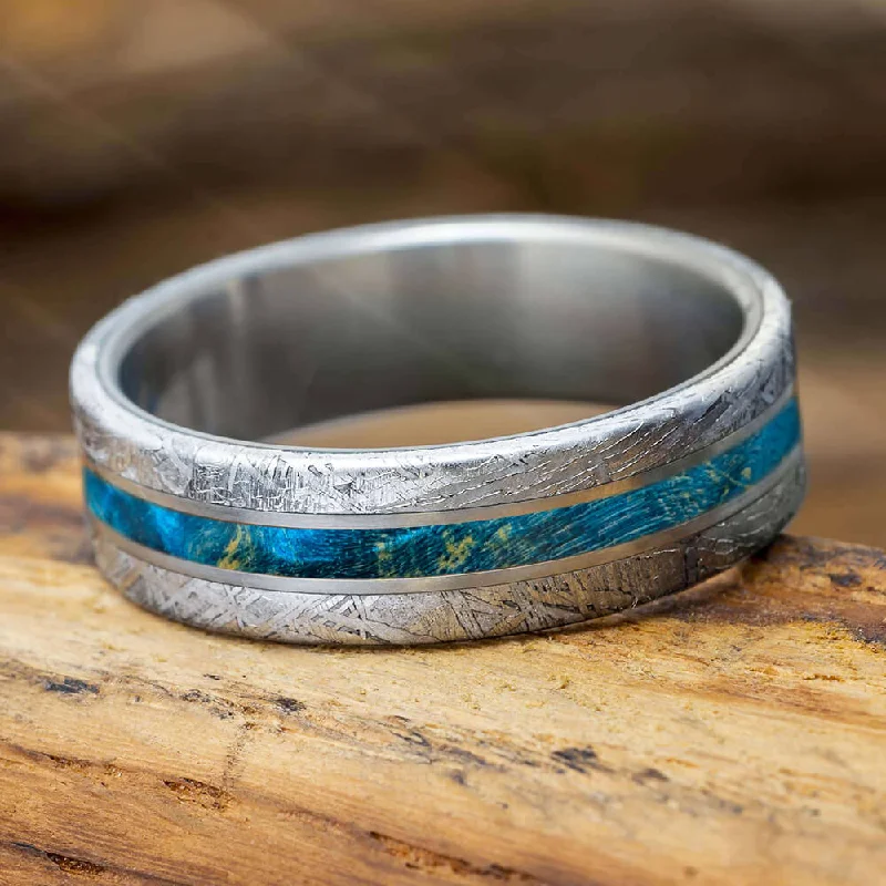 Blue Wood Ring With Meteorite Edges Separated By Titanium Pinstripes