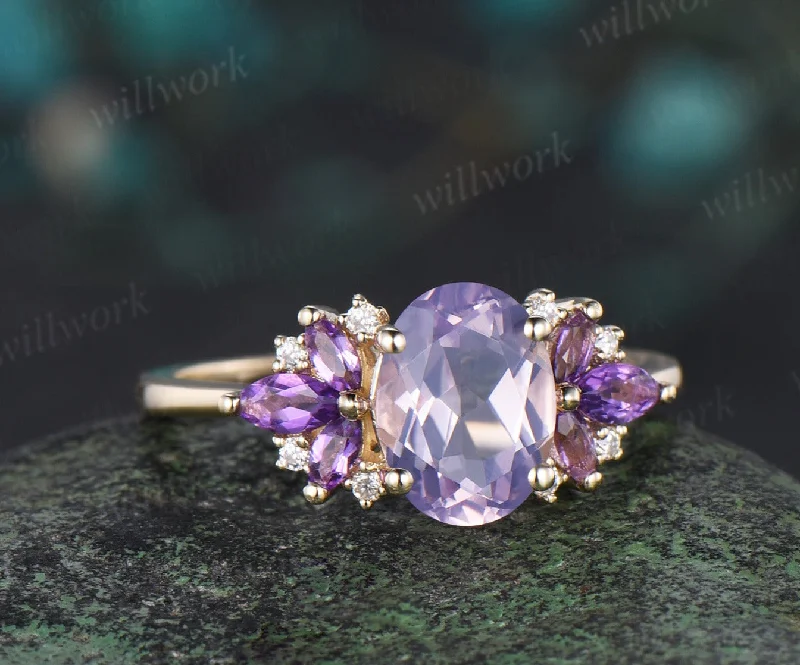 Oval cut Lavender Amethyst engagement ring solid 14k yellow gold cluster butterfly diamond Crystal wedding anniversary ring gift