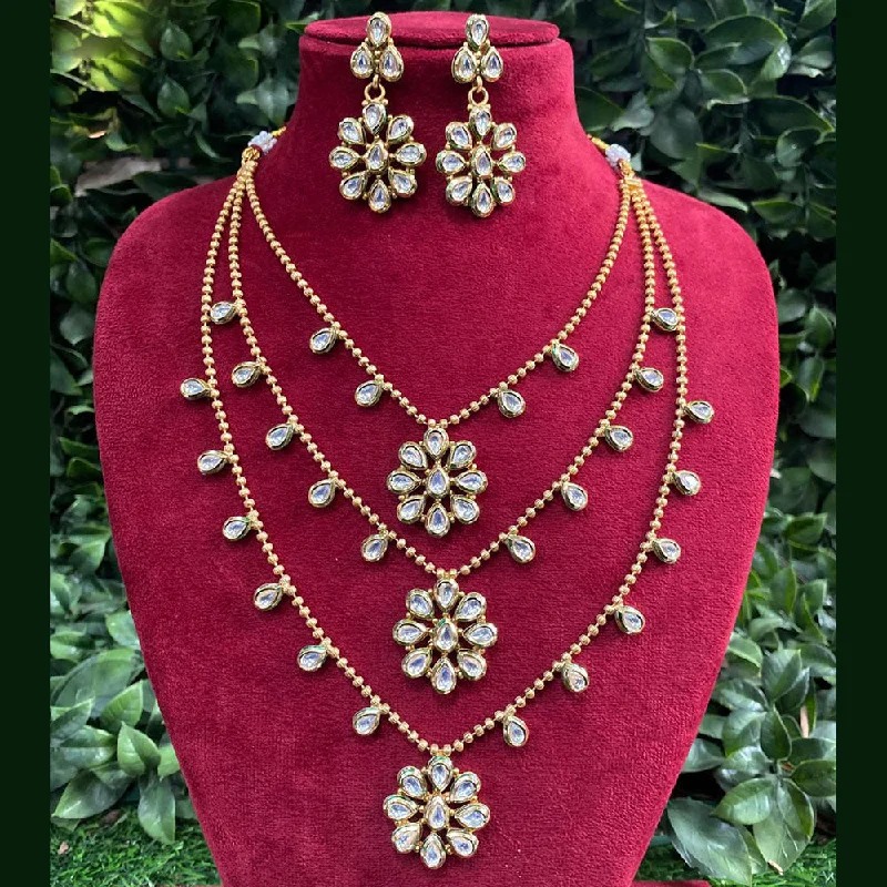 Royal Kundan Jewellery Gold Plated Crystal Stone Multi Layer Necklace Set