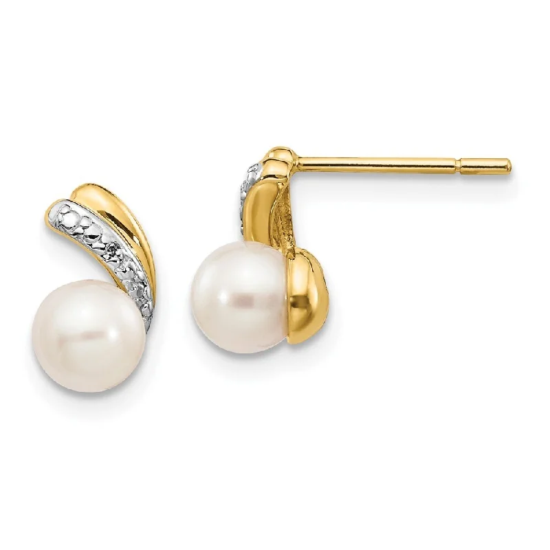 14k Yellow Gold Diamond and 5-6mm Cultured Pearl Stud Earrings (L-9 mm, W-7 mm)