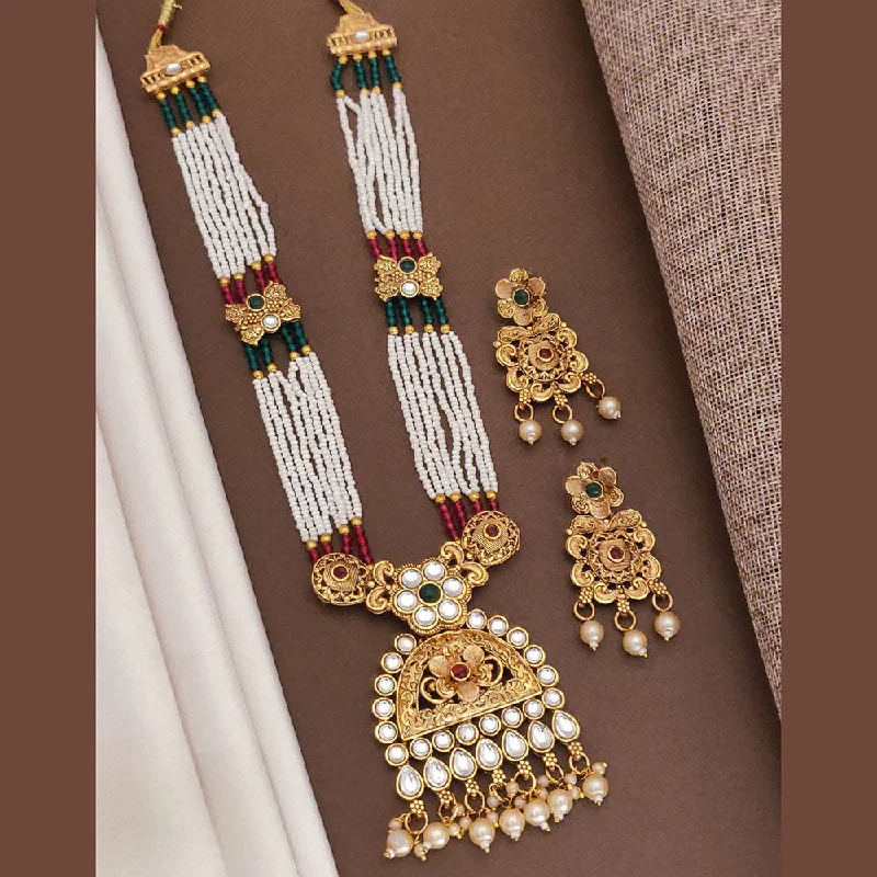 Akruti Collection Gold Plated Pota Stone And Pearls Long Necklace Set