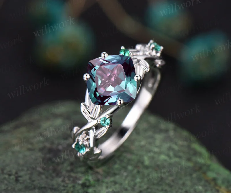 Twig cushion cut alexandrite engagement ring 14k white gold five stone emerald ring vintage retro gemstone leaf bridal wedding ring women