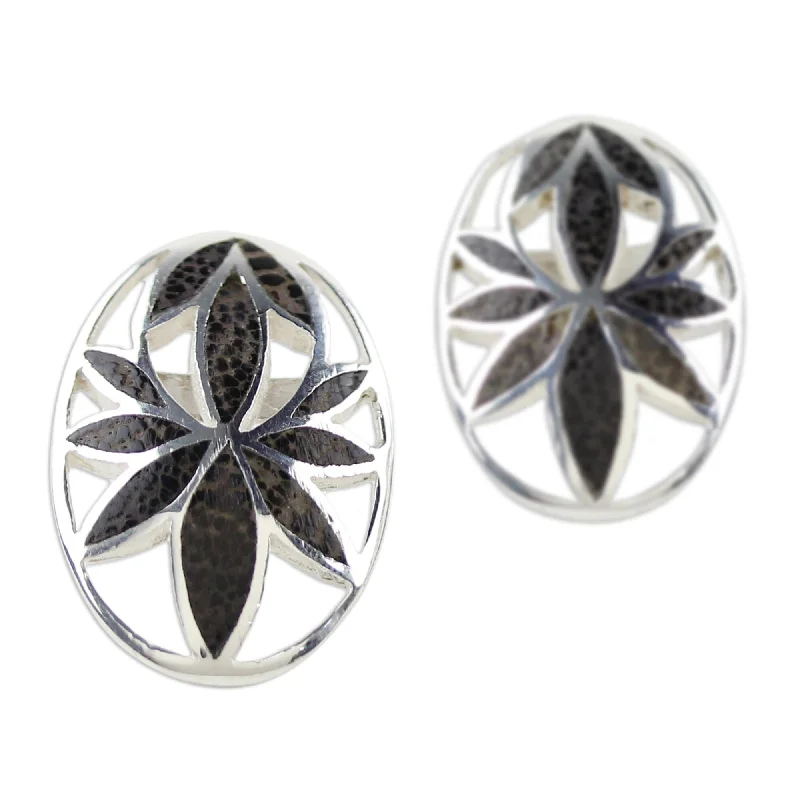 Handmade Sterling Silver 'Lotus Love' Coconut Shell Button Earrings (Thailand)