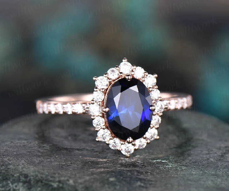 6x8mm oval cut blue sapphire engagement ring white rose gold moissanite halo vintage for women her vintage antique bridal wedding ring band