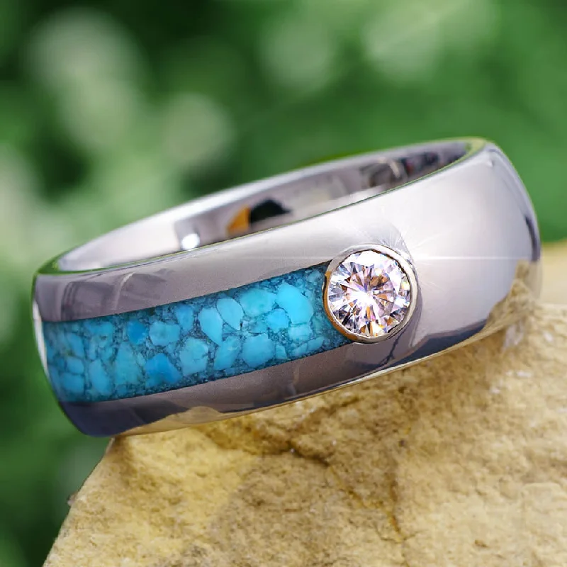 Men's Asymmetrical Turquoise Ring with Moissanite, Titanium Band