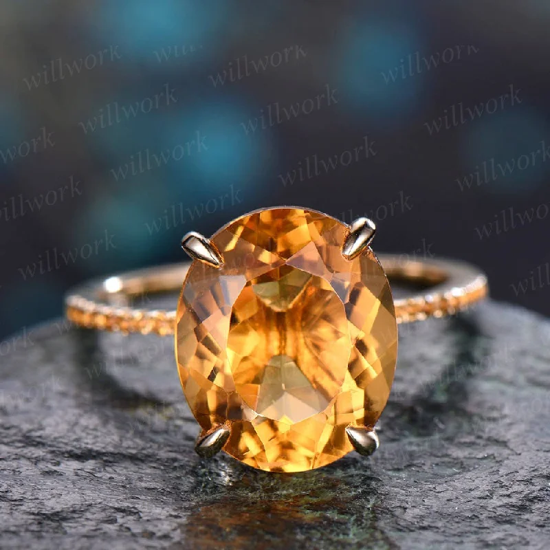 Citrine engagement ring solid 14k rose gold citrine wedding ring band 10x12mm oval antique unique november birthstone promise bridal ring