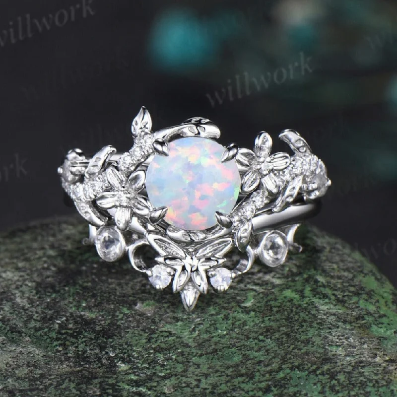 Vintage round cut Opal engagement ring set 14k rose gold snake and leaf dainty opal ring unique floral bridal wedding ring set women