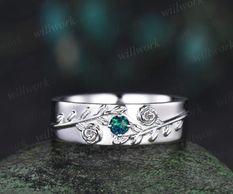 Round black opal mens wedding band solid 14k white gold leaf floral wedding ring unique anniversary ring gift nature inspired Engagement Ring