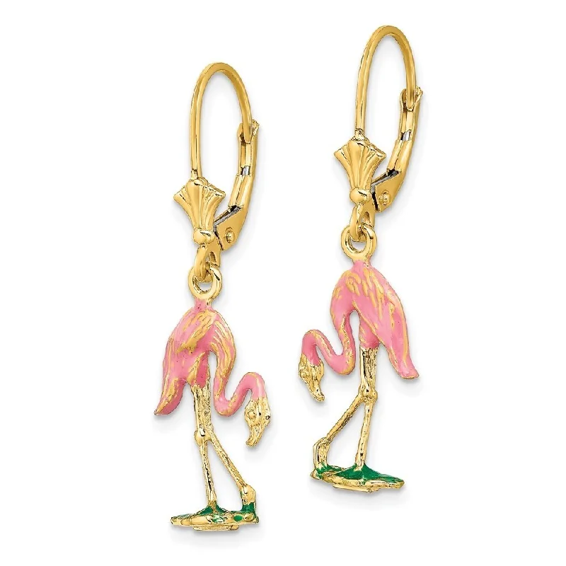 Diamond2Deal 14K Yellow Gold with Enamel 3-D Flamingo Leverback Dangle Earrings (L- 1.4 Inch, W-0.45 Inch)